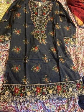Embroidered Floral Navy Tunic Dress lawn 3 pc set